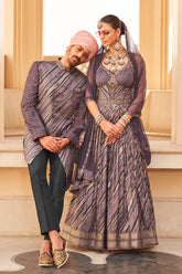 Exclusively for couple combo purple designer outfit in pure PV silk and foil print with detailed hand mirror work